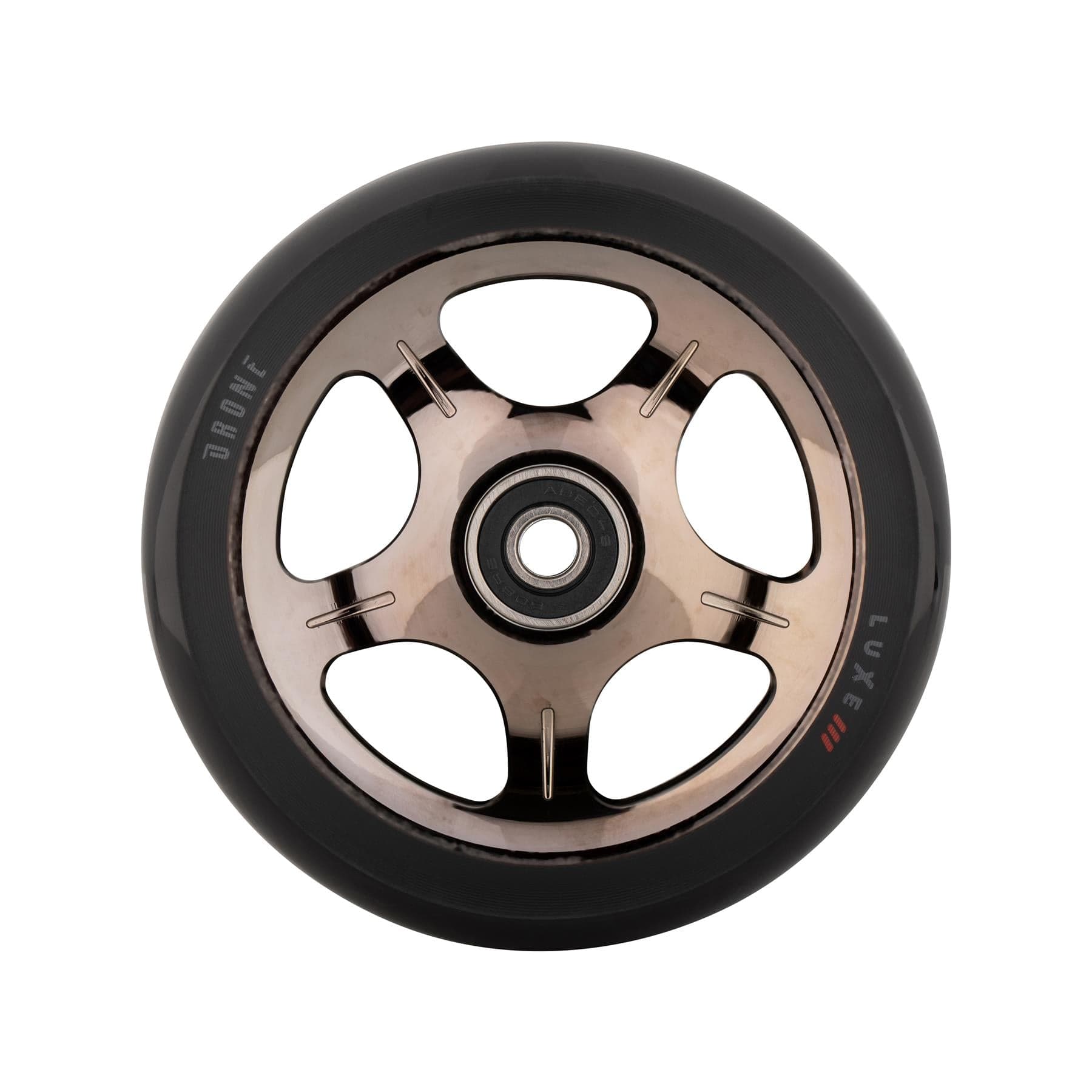 The Drone Luxe 3 Smoked Chrome Dual-Core 110mm Stunt Scooter Wheel features a black metallic core with five spokes. "Drone Luxe 3" elegantly inscribed on the rim ensures style and performance, complete with Ultra-Sonix bearings for stunt enthusiasts.