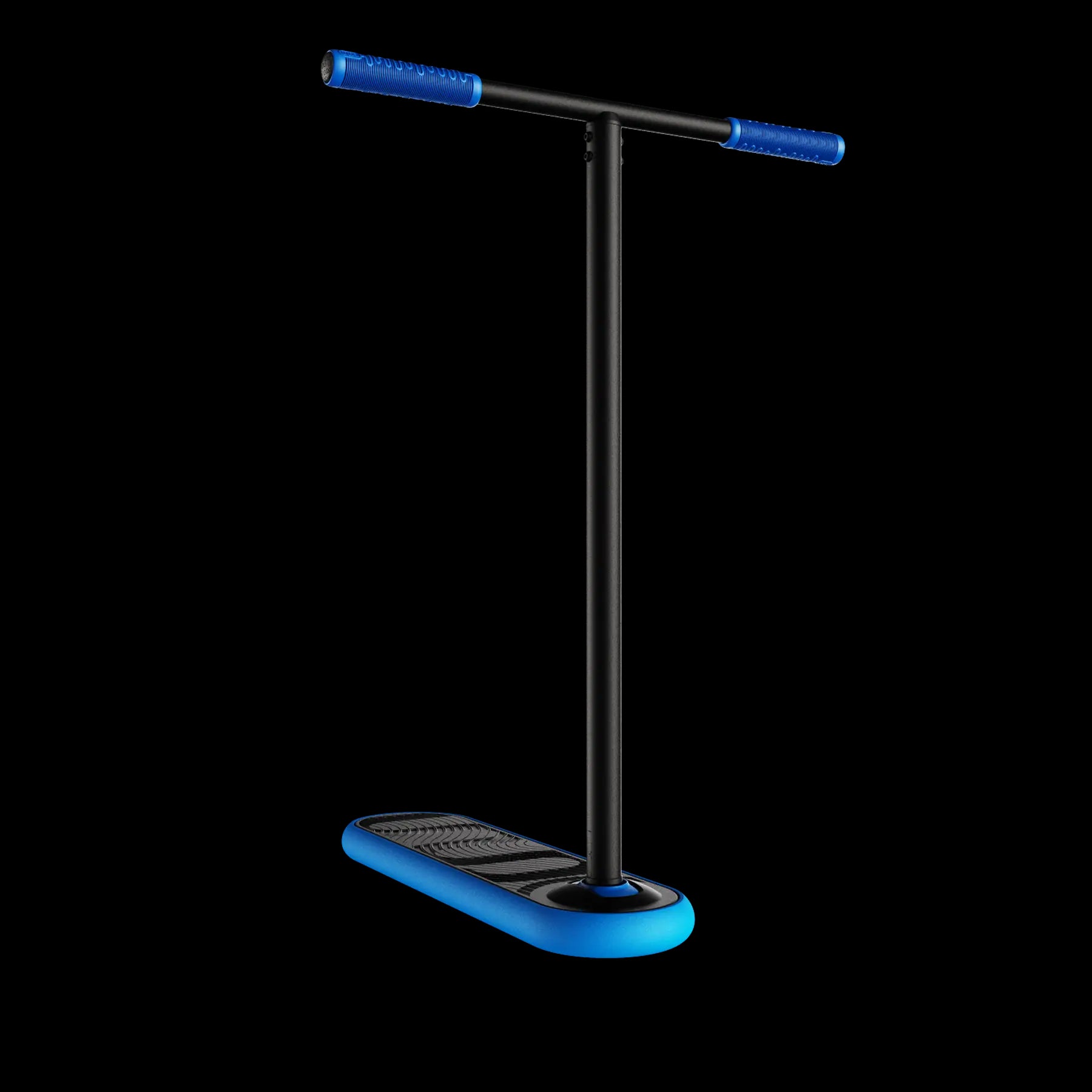 The Indo Pro V2 Indoor Trampoline Stunt Scooter by INDO boasts a black color with T-shaped handlebars and blue grips, complemented by a textured blue deck for superior grip. Ideal for pros, it stands out against a plain black backdrop.