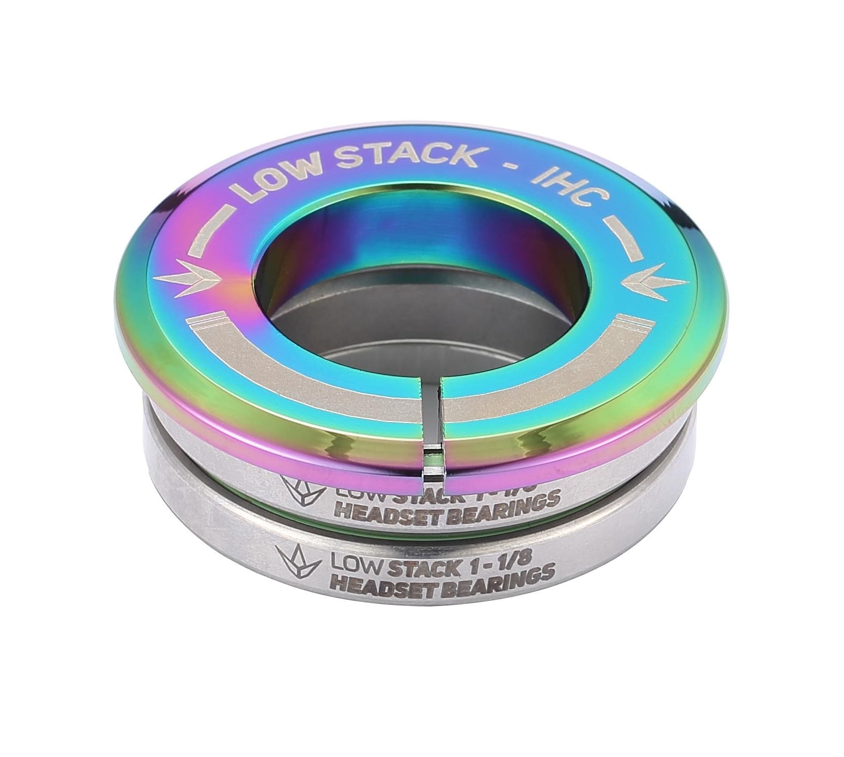 The Blunt Envy Low Stack IHC Integrated Stunt Scooter Headset in a vibrant Oil Slick Neochrome finish features engraved text, making it an excellent choice for any IHC compression system setup. The lower section displays "Low Stack 1-1/8 Headset Bearings," perfect for a Blunt Envy stunt scooter.