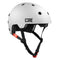 The CORE Action Sports Skate / Scooter Helmet in white displays the word "CORE" on its side. This low-profile helmet, crafted for both comfort and style, includes top vents, black interior padding, and adjustable black straps with a red buckle. An ideal choice for individuals who prioritize safety and sleek design in their gear.