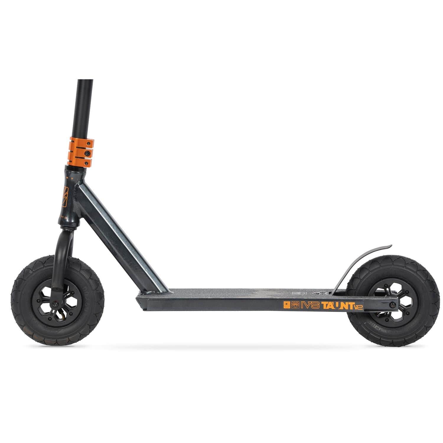 The Invert Supreme Taunt V2 Complete Dirt Scooter, available in Astral Silver and Copper, features two wheels, a sturdy deck, and a handlebar designed for high-impact riding. The rear wheel includes a fender brake. "Invert" is prominently displayed on the deck, making it ideal for tricks and stunts.