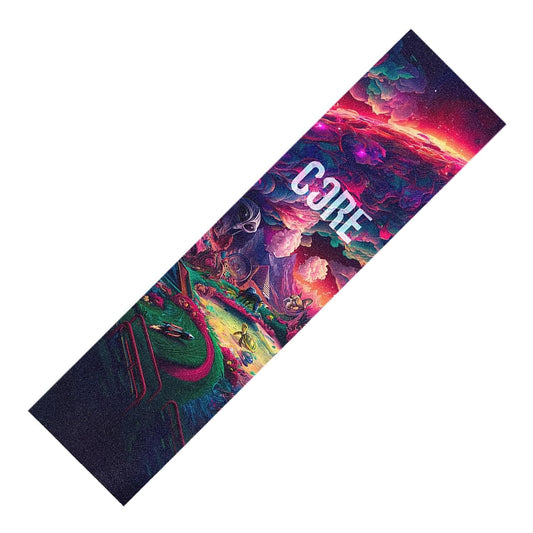 This long, rectangular gaming mat is designed with a vibrant fantasy illustration and a grippy surface. It showcases colorful clouds, a winding path, and otherworldly landscapes, prominently featuring the word "CORE" in bold letters. The vivid colors—shades of purple, red, and green—are reminiscent of the CORE Stunt Scooter Griptape - Trippy aesthetics.