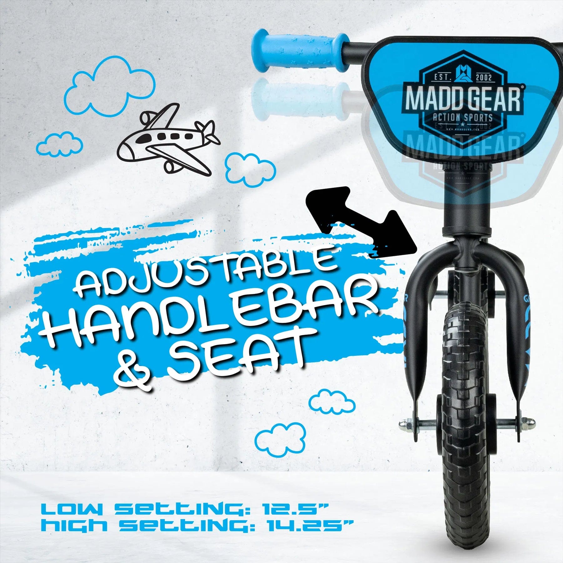 The Madd Gear (MGP) My 1st BMX Balance Bike in Black/Blue features blue clouds and a plane illustration, highlighting its adjustable seat and handlebar from 12.5" to 14.25", perfect for aspiring young riders eager to take flight.