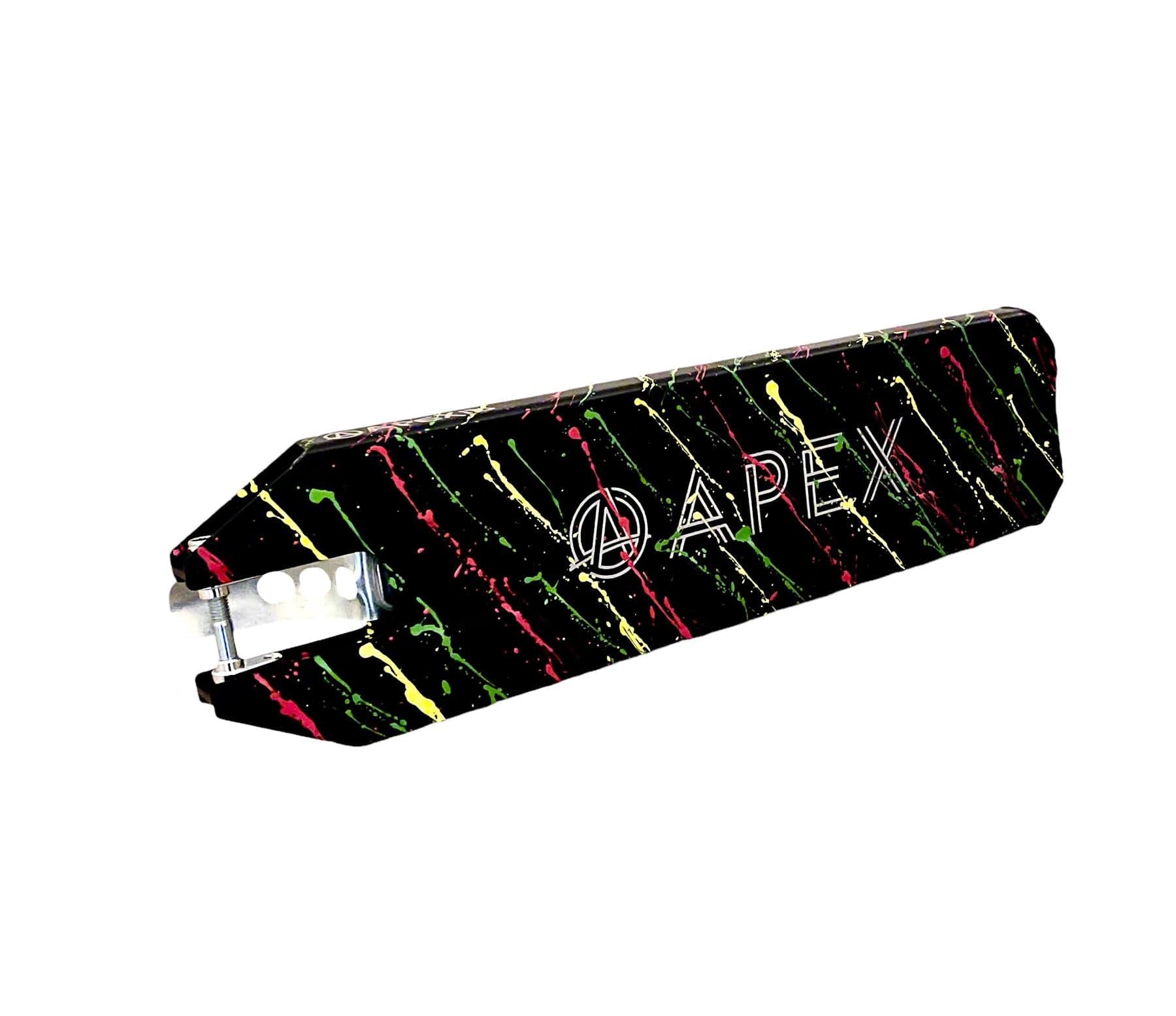 The Apex Rasta Special Edition Stunt Scooter Deck by Apex features a black background with colorful paint splatters in red, yellow, and green, and prominently displays "Apex Pro" in white text to emphasize its durable and lightweight design. Dimensions: 5" x 19.3".