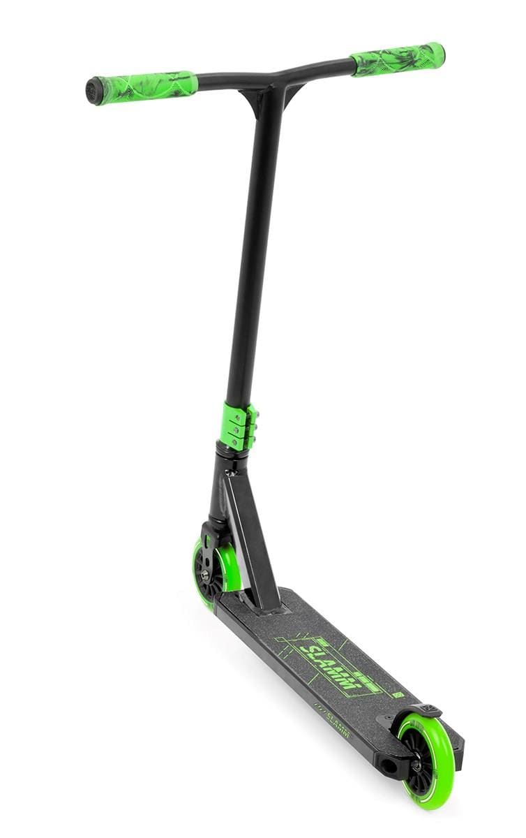 Introducing the Slamm Classic Mini Complete Stunt Scooter - Green, a stylish black and green scooter designed for freestyle scootering. It features a T-bar handle with vibrant green grips and wheels. The deck is adorned with an eye-catching green graphic design, making it perfect for entry-level enthusiasts eager to hit the ramps.