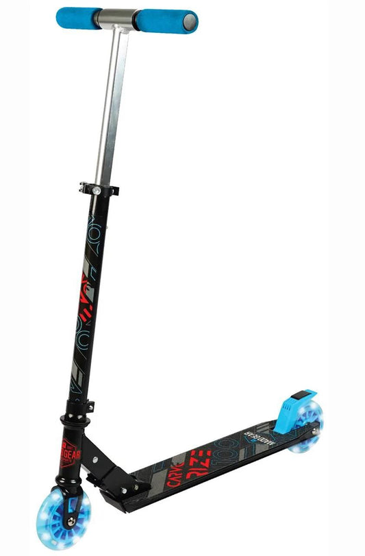 The Madd Gear MGP Carve Rize Foldable Complete Scooter in Black and Blue is a kick scooter with light-up wheels and blue grips on the handlebars. The deck features bold red and white graphics, making it stand out against a white background when upright.