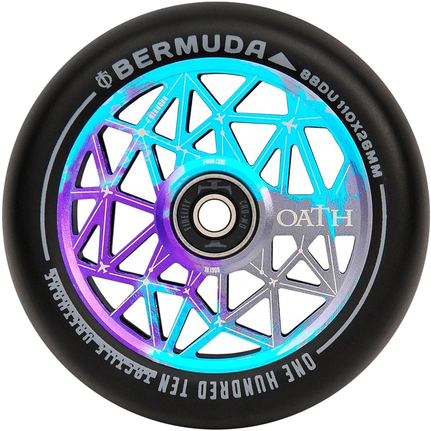 Introducing the Oath Bermuda 110mm Stunt Scooter Wheel in vibrant blue, teal, and purple with a striking geometric spoke design. The wheel is surrounded by durable black rubber and prominently features the inscriptions "Bermuda," "88DU110x26mm," and "Oath." It includes high-grade Oath Fidelity bearings for optimal performance.