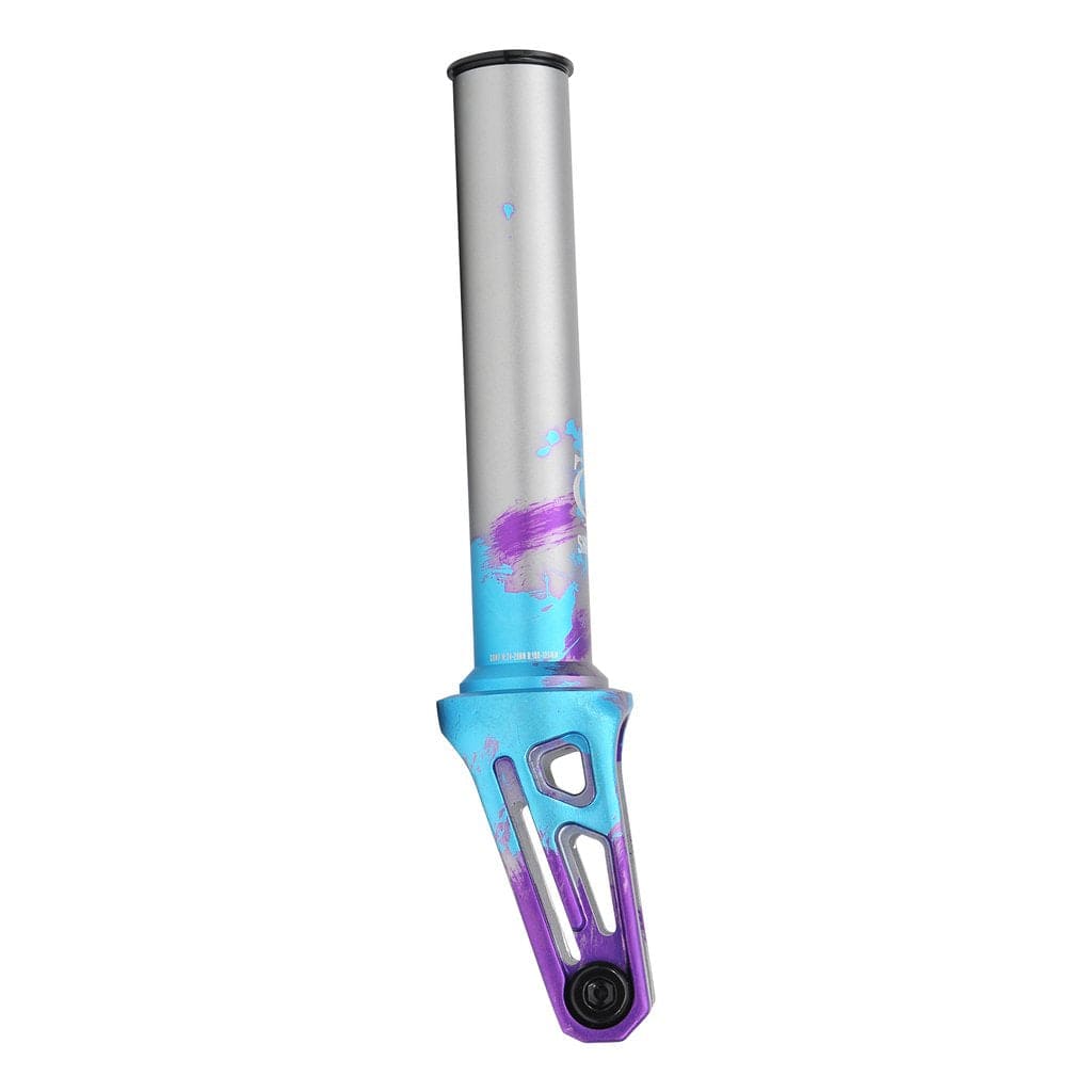 The Oath Shadow SCS/HIC Stunt Scooter Fork - Blue/Purple/Titanium is a vibrant addition to the scooter market, featuring a silver cylindrical stem and a turquoise-to-purple gradient base with an eye-catching geometric cutout design.