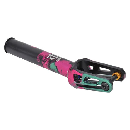 Introducing the Oath Shadow SCS/HIC Stunt Scooter Fork, expertly crafted from durable 6061 T6 Aluminium. This vibrant fork features a stunning design in black, pink, and green with a distinctive geometric cut-out pattern. The progressive fork is angled slightly upward and proudly displays the Oath logo near the top.