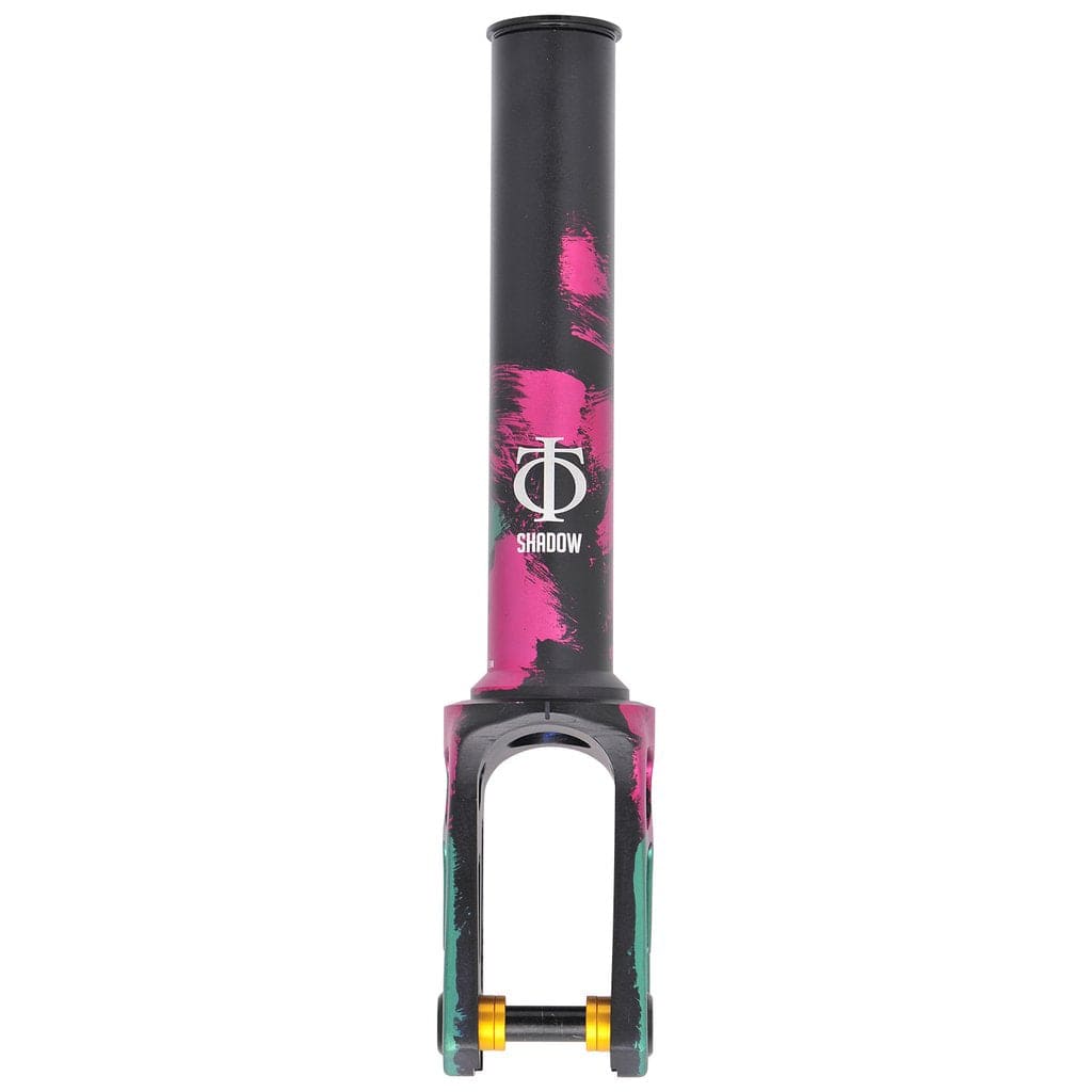 Presenting the Oath Shadow SCS/HIC Stunt Scooter Fork, expertly crafted with 6061 T6 aluminium. This modern fork features a sophisticated black finish accentuated by striking pink and green splashes. The brand name "SHADOW" and its logo are prominently displayed in white, accompanied by a cylindrical steerer tube and dropout slots at the bottom.