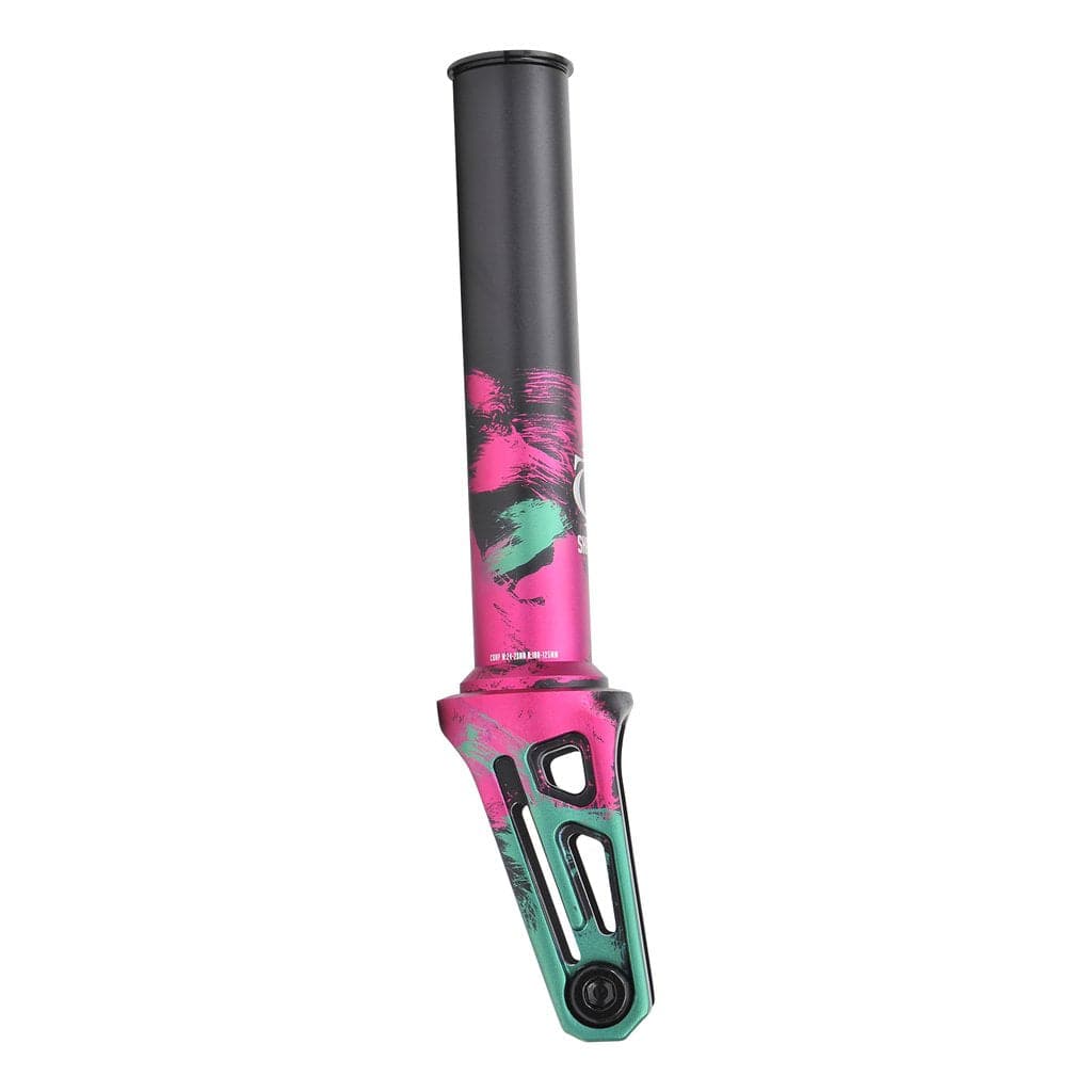 The Oath Shadow SCS/HIC Stunt Scooter Fork by Oath is a vibrant enhancement for your scooter, made from 6061 T6 Aluminium. Featuring a black upper section and an abstract pink and green design, it includes a stylish modern cut-out section near the base that distinguishes these advanced forks.