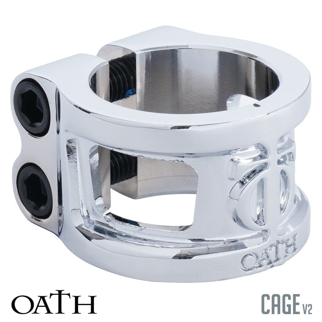 A Neo Silver Oath Cage V2 2 Bolt Oversized Stunt Scooter Clamp, featuring two black screws, with cut-out designs and the engraved text "OATH" and "CAGE V2" on its sides. Known for its durability and strength, this component is designed for mechanical or industrial use.