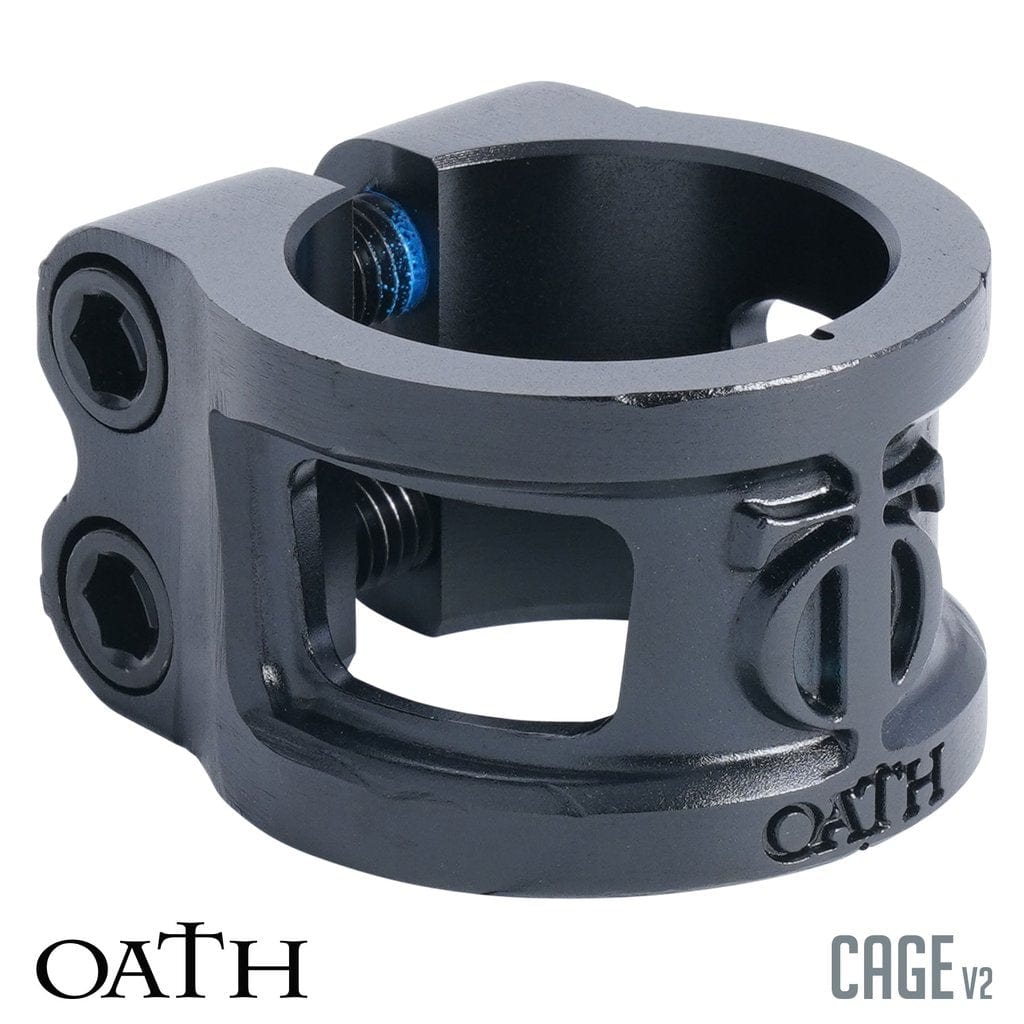 The Oath Cage V2 2 Bolt Oversized Stunt Scooter Clamp in black offers a robust design and a modern finish. It includes two hex screws for secure fastening and elegantly showcases the Oath brand's logo engraved on its side.