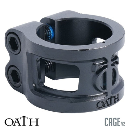 The Oath Cage V2 2 Bolt Oversized Stunt Scooter Clamp in black offers a robust design and a modern finish. It includes two hex screws for secure fastening and elegantly showcases the Oath brand's logo engraved on its side.