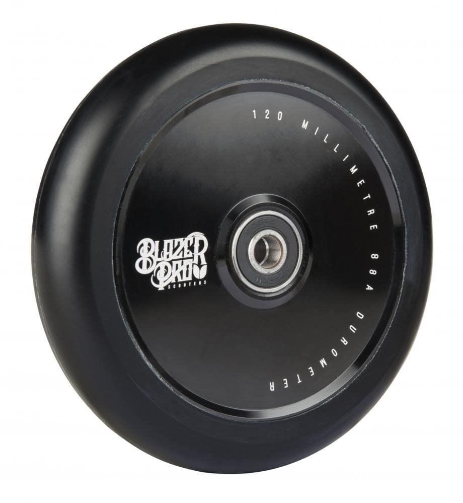 A detailed view of the Blazer Pro 120mm Hollowcore Scooter Wheel in black, featuring a metal center with "88A Durometer" marking and highlighted by a striking neochrome finish.