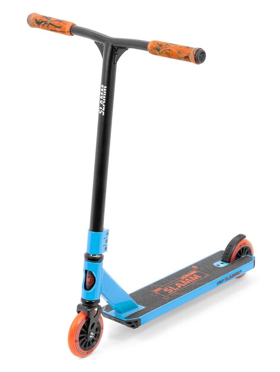 Introducing the Slamm Classic Mini Complete Stunt Scooter - Blue by Slamm. This entry-level scooter features a blue and black design with striking orange grips and wheels. The deck has a stylish black finish, embellished with red and white Slamm logos, making it ideal for beginners eager to explore freestyle scootering tricks and stunts.