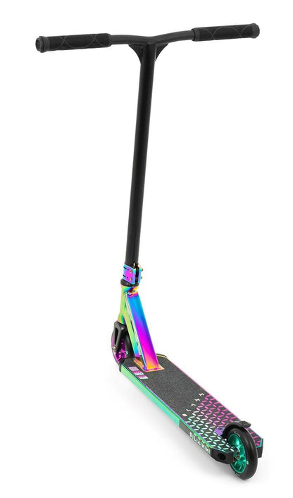 The Slamm Assault Complete Stunt Scooter - Neochrome combines a vibrant iridescent alloy deck and clamp with black handlebars and sleek 110mm aluminum wheels. The geometric patterns and textures on the deck enhance its chic, modern appearance when positioned at an angle.