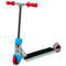 The Fingers Whips Finger Toy Scooter - Chrome by Finger Whips features a shiny silver frame with red rubber handle grips and red wheels. The black foot deck is accented with blue highlights around the base and handlebar joints, making it perfect for performing tricks. This sleek design stands upright beautifully.