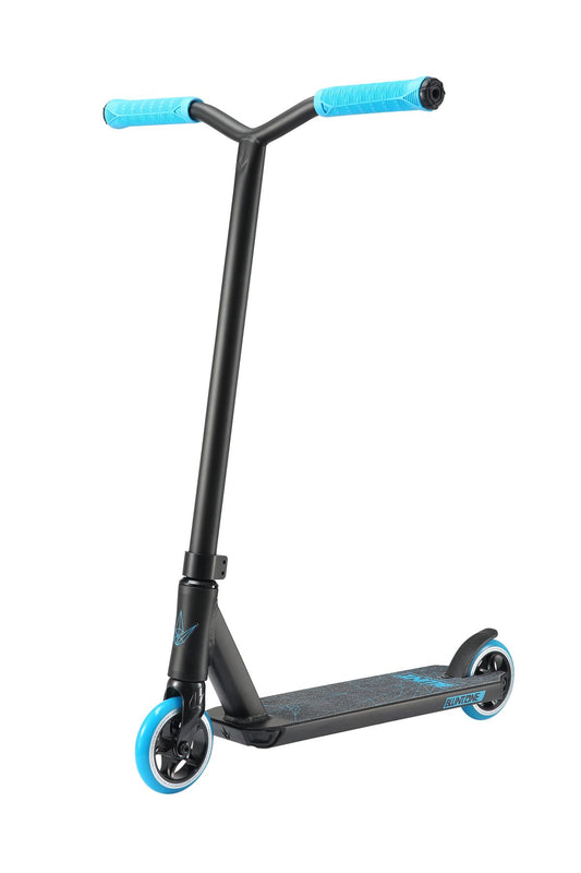 The Blunt Envy ONE S3 Complete Stunt Scooter - Blue showcases a robust black frame, highlighted by vibrant blue handle grips and wheels. Its deck is textured for enhanced stability and features a subtle design, making it an ideal choice for young scooter enthusiasts. The scooter is depicted standing upright against a white background.