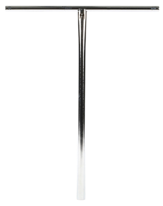 A polished T-shaped bar crafted from 4130 chromoly steel is set against a white background, showcasing an elegant transition from chrome to white. This creation by Ethic DTC embodies modern sophistication, resembling the iconic Trianon Stunt Scooter Bars.