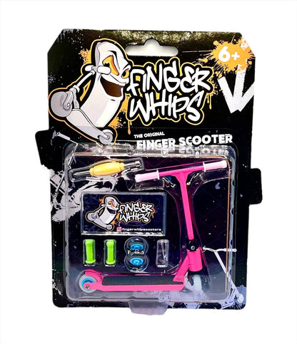 The Fingers Whips Finger Toy Scooter - Pink, from the brand Finger Whips, is perfect for extreme sports enthusiasts aged 6 and up. The set comes with a pink mini scooter, small tools, and extra parts. Its packaging features graffiti-style graphics and an illustration of a character showing off daring scooter moves.