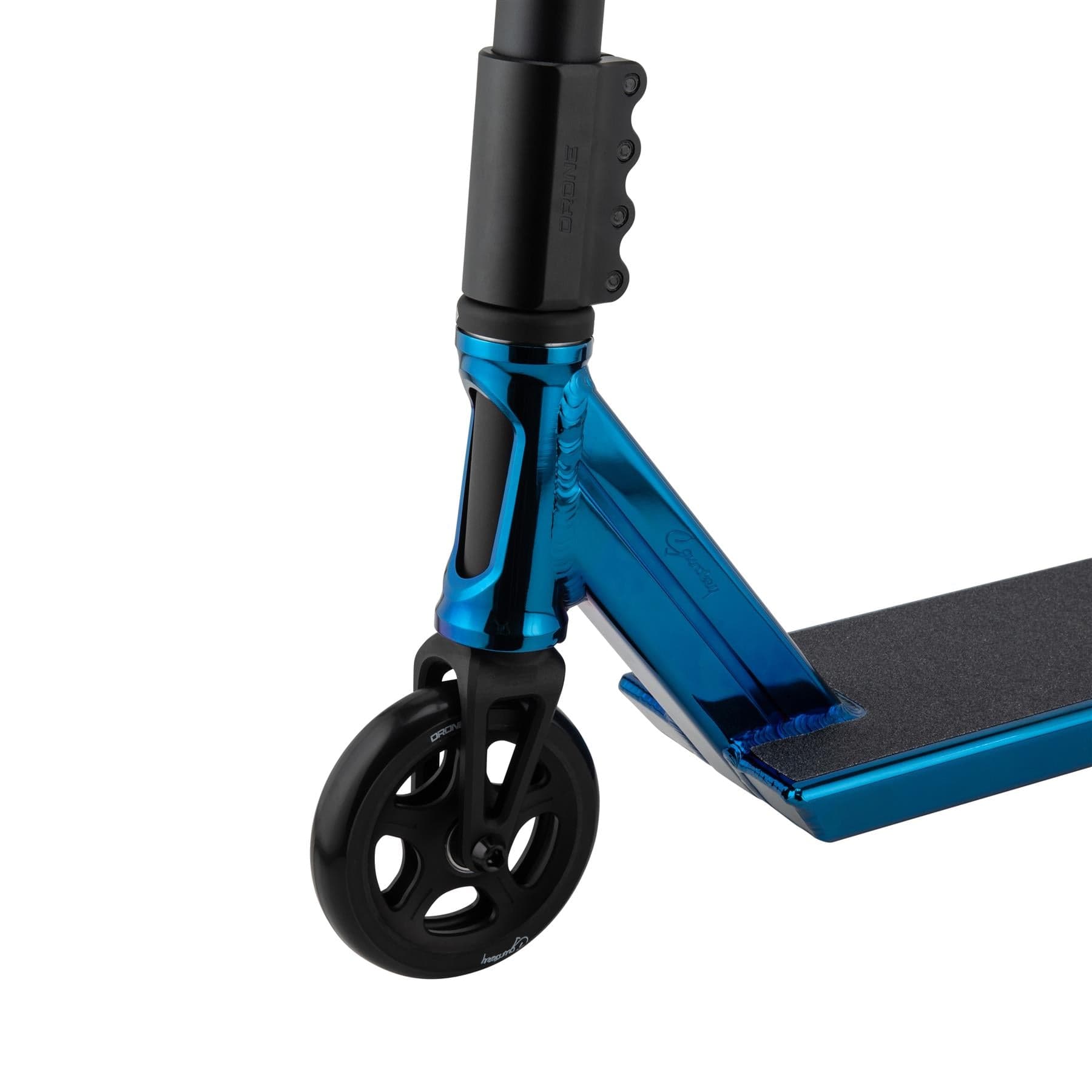 Close-up of the Drone Element 'Saundezy' Signature Stunt Scooter - Blue Chrome highlights its sleek design with an Element Signature Deck, black grip, and visible spoked black wheel. The frame with aluminum bars boasts a stylish modern metallic blue finish.