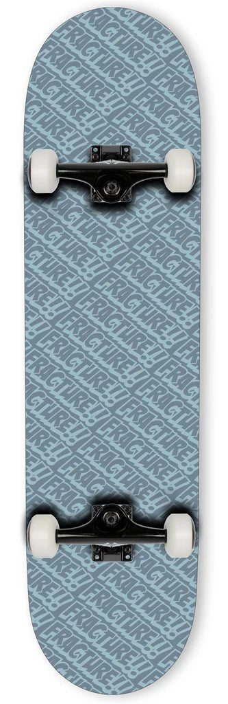 The Fracture All Over Comic Grey Complete Skateboard - 8.25" x 32" from Fracture showcases a deck with a comic-inspired gray and light blue pattern featuring diagonal text. It includes black trucks and white wheels for a sleek, minimalistic appearance, with the brand name repeated in the deck's design.