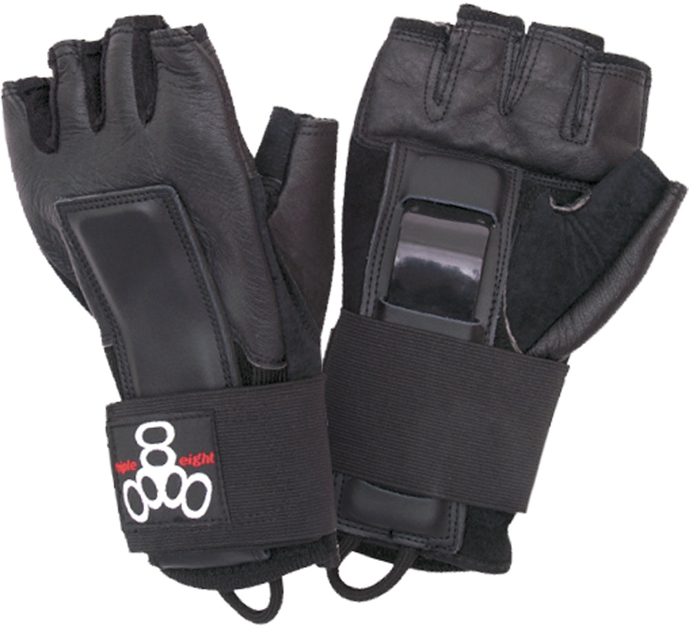 Displayed is a pair of black Triple 8 Hired Hands Skate Protection Gloves, incorporating wrist protection with Velcro straps and impact-resistant splints. The "Triple 8" logo is prominently featured on the reinforced padded areas at the wrist.