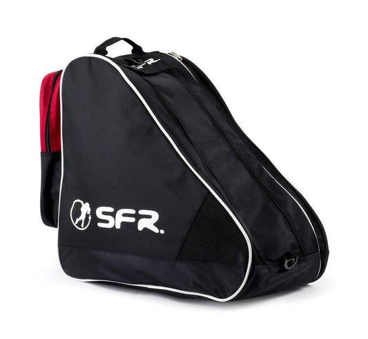 The SFR Large Ice & Skate Bag II - Black / Red, by SFR, is an ideal sports bag for roller skates or similar gear. This black bag with white trim and the SFR logo is made from water-resistant polyester and features multiple compartments and a robust carrying handle. Its striking red interior becomes visible when opened.