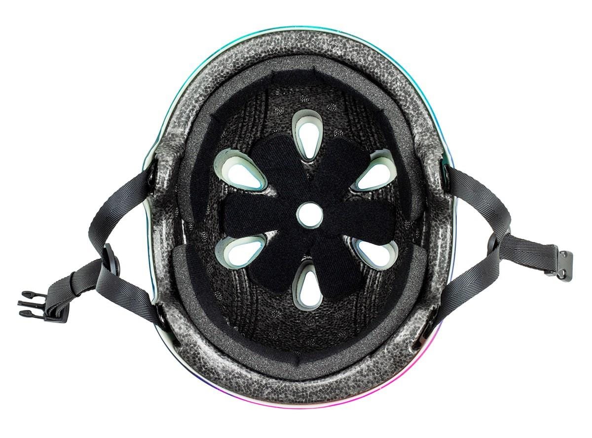 The image depicts the interior view of a Slamm Logo Skate / Scooter Helmet - Nebula, emphasizing its padding and ventilation holes tailored for scooter riders. Black adjustable straps with a buckle are visible on both sides, complying with EN1078 safety standards.