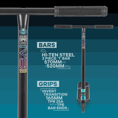 A detailed image of the Invert Supreme Journey 1+ Jamie Hull Stunt Scooter - Oil Slick highlights its specifications, featuring a HI-TEN steel 2-piece "T" bar measuring 570mm in height and 520mm in width. Equipped with TPR 25A grips, TPE bar ends, and an invert transition of 165mm, it boasts agile maneuverability on its sleek 110mm hollowcore wheels.