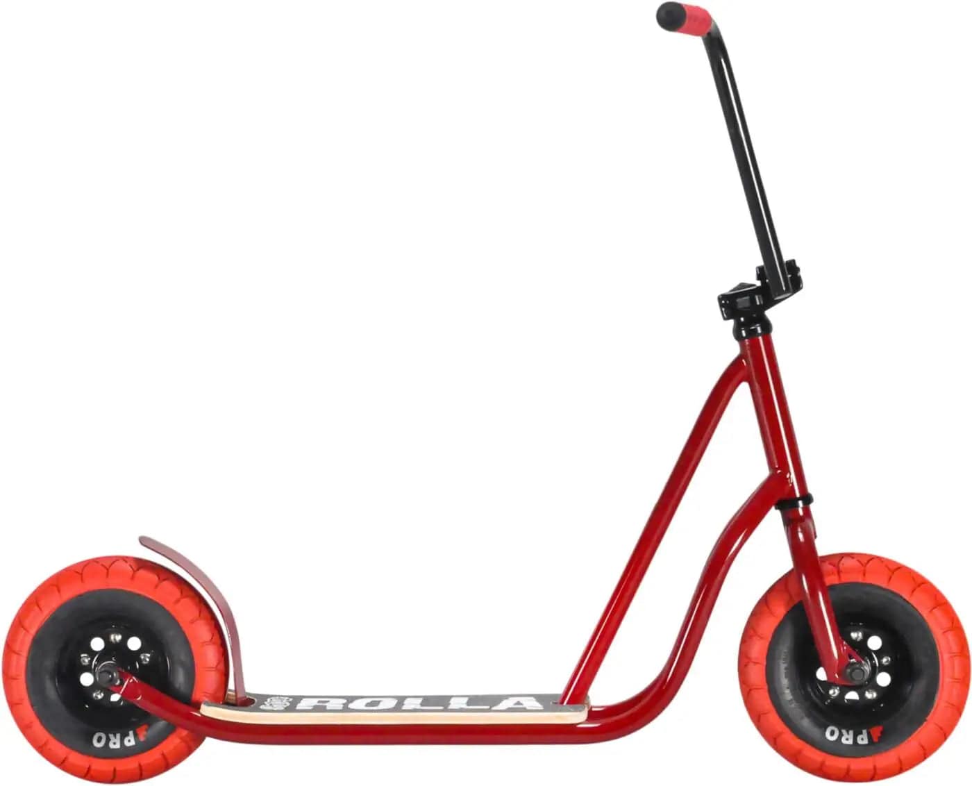 The Rocker Rolla Big Wheel Complete Scooter by Rocker features a minimalist design with large orange wheels. Its black handlebar includes red grips, and the footboard prominently displays "ROLLA." Perfect for cruising or performing stunts, this red kick scooter is sure to make a bold statement.