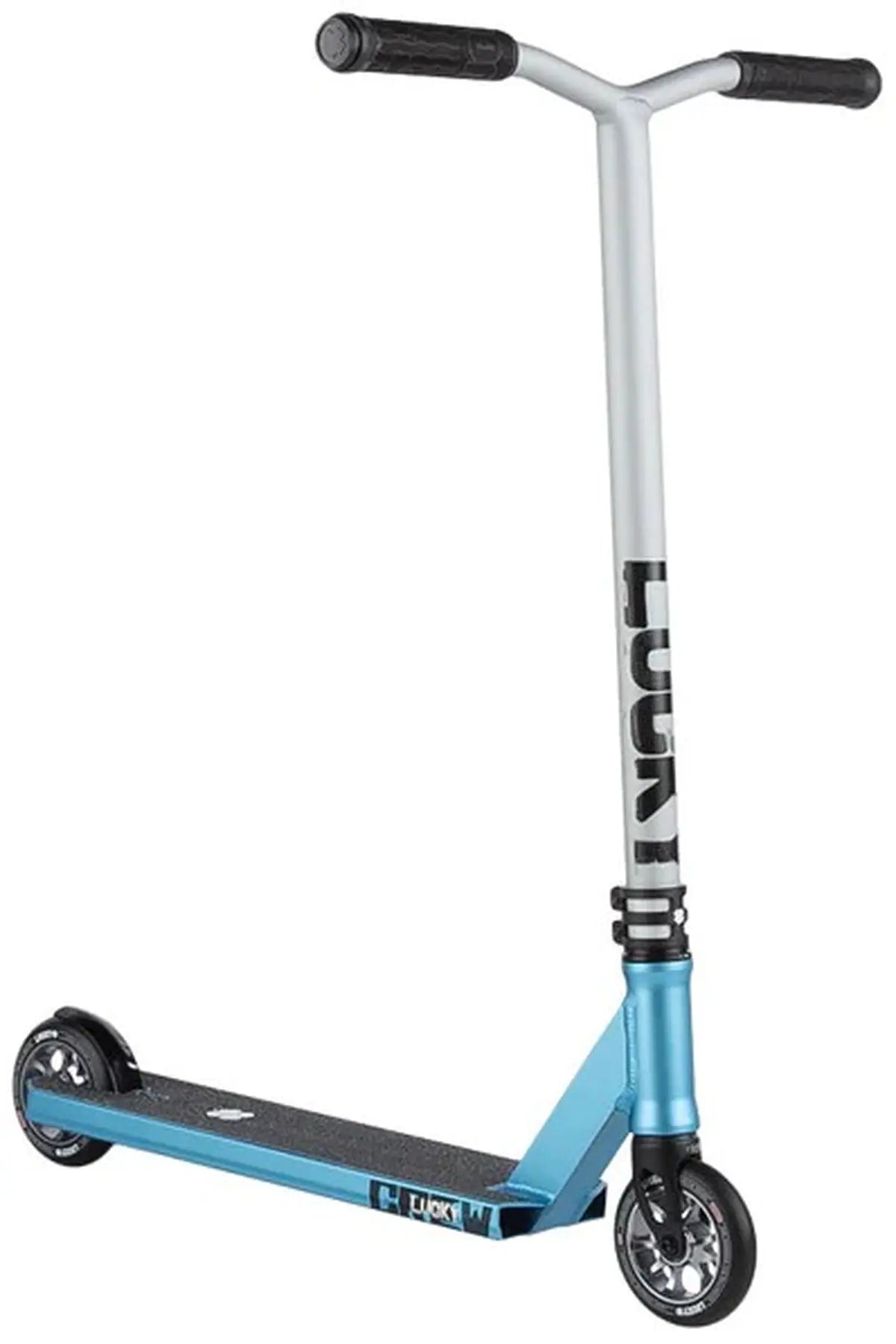 The Lucky Crew 2025 Complete Stunt Scooter - Chroma Mist is a blue and silver masterpiece with a black grip tape deck. Its T-shaped handlebar features "LUCKY" vertically on the front and has black grips. Designed for pro use, it rolls smoothly on two small, black wheels.