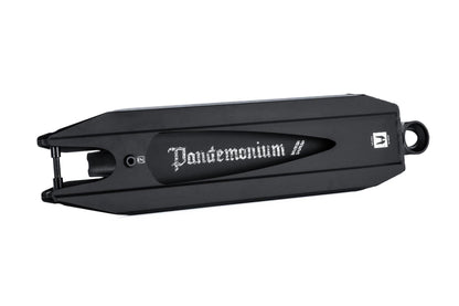 The Ethic DTC Pandemonium V2 Black Stunt Scooter Deck, measuring 5.1" x 19.7", is crafted from 6061-T6 aluminum and features the word "Pandemonium" in a stylized font on its sleek black surface. Known for being the lightest deck in its class, it is engineered for outstanding performance and durability.