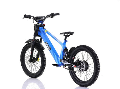 The Revvi 20" Kids Electric Balance Bike in blue boasts thick black tires, disc brakes, and a sleek frame. Styled as an electric mountain bike, it features a front suspension fork, standing out against the white background.