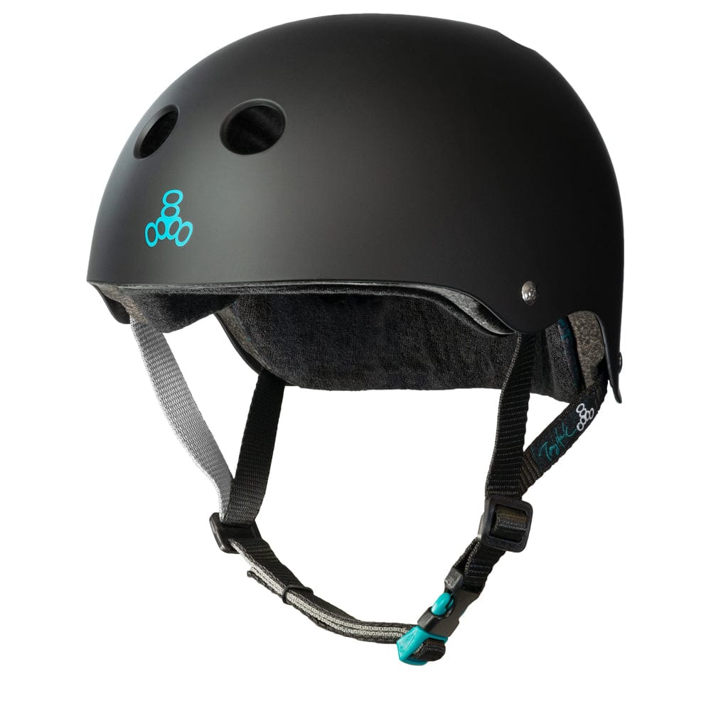 The Triple 8 Certified Sweatsaver Tony Hawk Pro Skate Helmet - Black merges a stylish design with dual-certified safety, ideal for extreme sports enthusiasts. It features a sleek black exterior with ventilation holes, adjustable chin straps, and striking blue branding. The helmet also has a soft, padded interior for maximum comfort on every adventure.