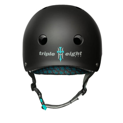 This Triple 8 Certified Sweatsaver Tony Hawk Pro Skate Helmet in black showcases the teal "triple Height" logo on the front and provides dual-certified protection. It features two ventilation holes, an adjustable chin strap, and interior padding with a blue pattern, making it ideal for extreme sports enthusiasts.