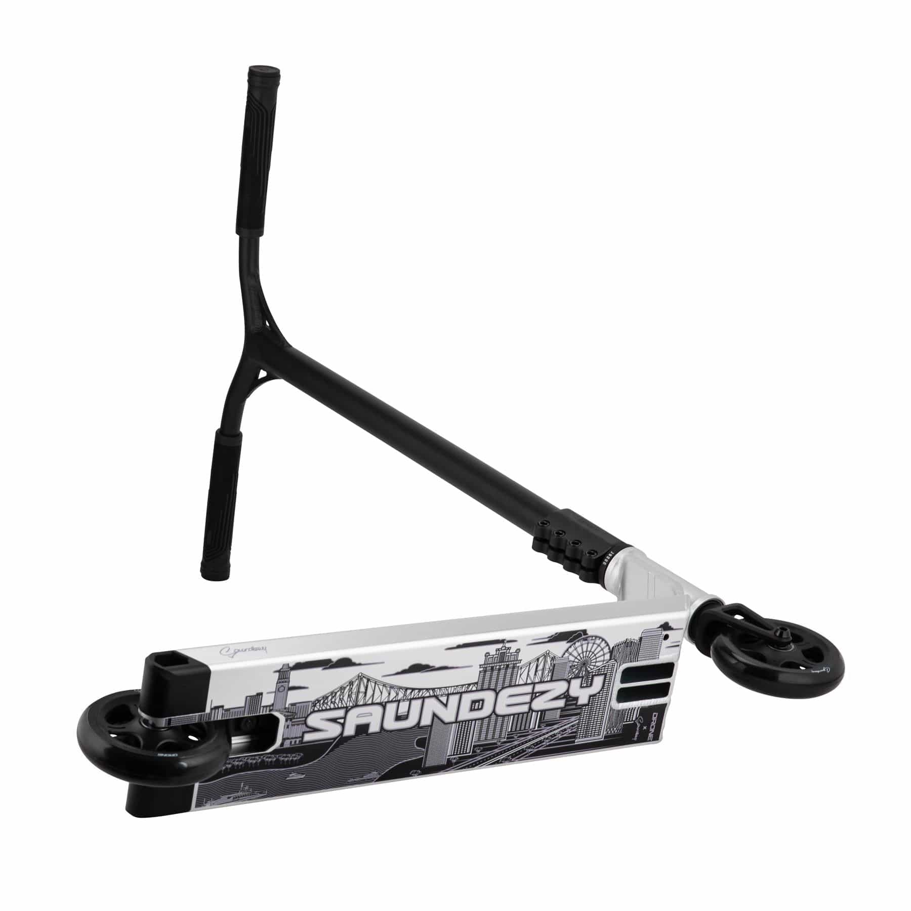 The Drone Element 'Saundezy' Signature Complete Stunt Scooter features a sleek black and silver design with "SAUNDEZY" on the deck, cityscape graphics, black handles with grips for street tricks, and two black wheels completing its modern look.