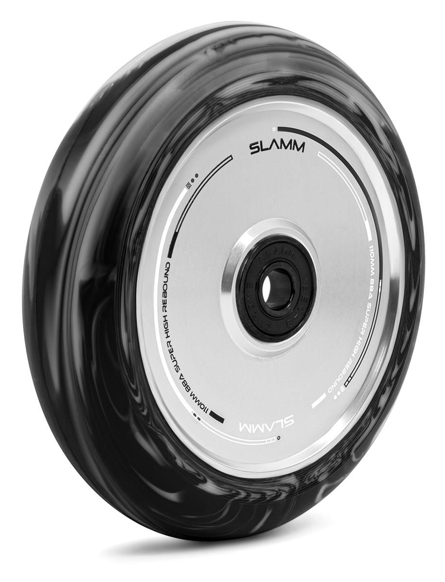 Close-up of the Slamm Swirl 110mm Stunt Scooter Wheel in black and white, showcasing an elegant Duo-Tone Swirl Effect with a silver core. The brand "Slamm" is prominently displayed, underscoring the precision of its ABEC-9 bearings.