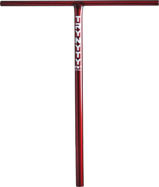 The Trynyty T&T Steel Standard Sized IHC Stunt Scooter T-Bar in red, measuring 710mm x 610mm, features an IHC Compression system with the brand's logo and text in white vertically positioned on the front. This handlebar is evenly balanced and has a glossy finish.