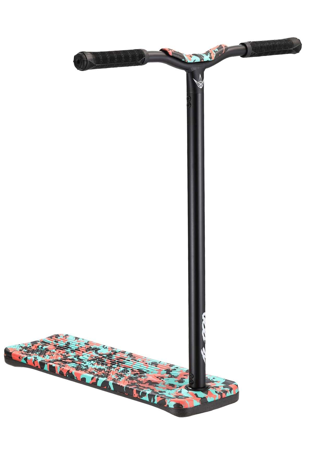 A vibrant Blunt Envy TS Pro 7.5 Indoor Trampoline Stunt Scooter in Teal Camo, highlighted by its black handlebar and stem, showcases a striking red, black, and turquoise camouflage pattern on the deck. This customizable scooter stands proudly against a plain white background, ready for your next adventure.