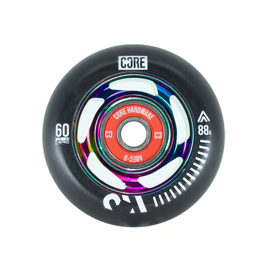 The CORE Aero 88A Inline Skates Wheels, branded with the Core Hardware logo, promise a lively skating experience. These black and metallic wheels showcase a neochrome accent around a red hub marked "ABEC-9," along with white text indicating their 60mm size and 88A hardness. Enjoy smooth rides with the premium Aluminium construction of these quality inline wheels.