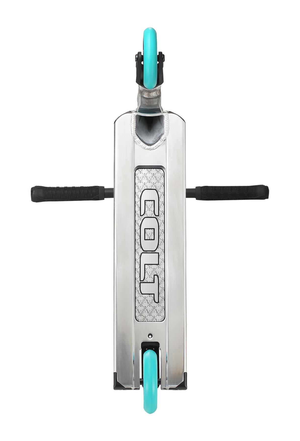 A top view of the Blunt Envy Colt S6 Complete Stunt Scooter in its polished finish showcases its sleek silver frame, accentuated by teal wheels and handlebars featuring oversized chromoly Tension bars. The word "COLT" is etched into the deck, making it ideal for hybrid style riding against a plain white background.