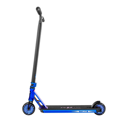 The Root Industries Type R GT Complete Stunt Scooter - Blu-Ray showcases a striking blue and black design, featuring an extended handlebar, glossy wheels, and a streamlined deck. It is displayed upright against a plain white background, highlighting its remarkable construction.