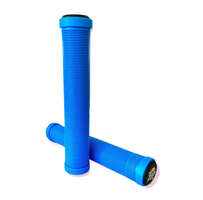 The scene features two Revolution Blue Stunt Scooter Grips, each 172mm in length, from the Revolution brand. These grips are characterized by their vibrant blue color and ribbed texture, crafted from high-grade TPR for a super soft grip. One grip is positioned upright while the other lays horizontally on a white background.