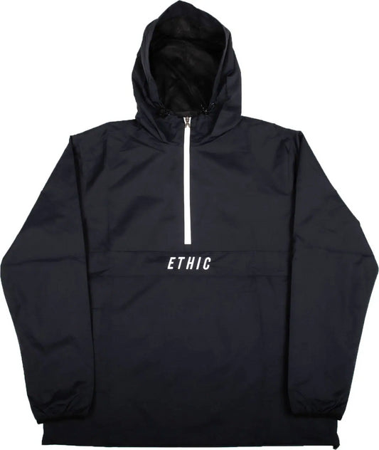 The Ethic DTC Icare Windbreaker - Black XXL from Ethic showcases a black hooded jacket with a half-zip design, prominently displaying "ETHIC" in bold white letters across the front. Made with water-repellent and breathable materials, it features long sleeves and offers a roomy fit for enhanced comfort.