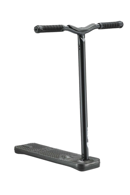 The Blunt Envy TS Pro 6 Indoor Trampoline Stunt Scooter - Black features a sophisticated black finish, complete with a T-shaped handlebar, textured grips, and a flat deck. Ideal for professional riders, this contemporary scooter provides customization options to match your personal style.