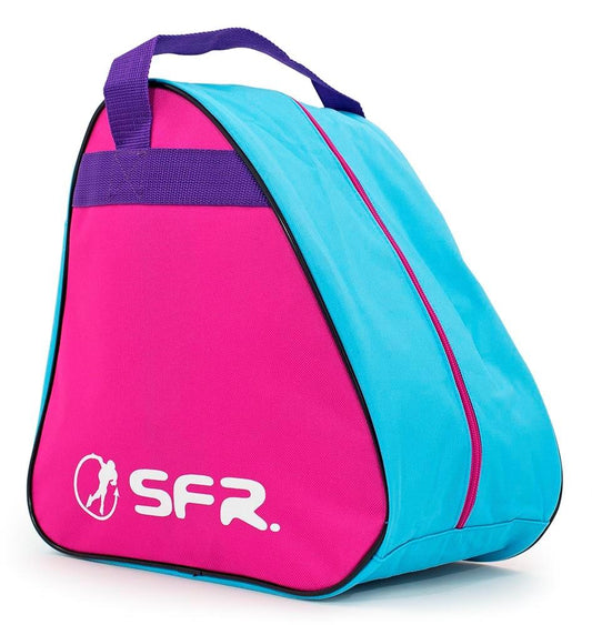 This SFR Vision Skate Bag - Pink, from the brand SFR, showcases a vibrant pink and blue design complemented by a purple handle. It features the signature SFR logo along with an illustration of a skater. Additionally, its water-resistant properties ensure that your skating gear remains well-protected.