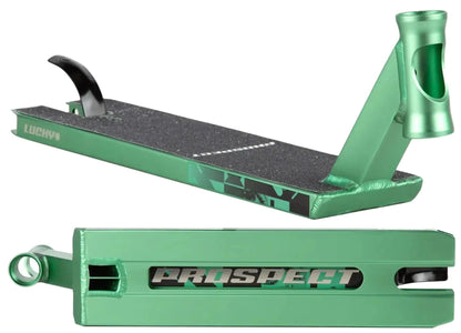 The Longway Lucky Prospect 2025 Mint Stunt Scooter Deck, sized 5"x19.5", features a durable Aluminum 6000 Series build, green deck with black grip tape and "PROSPECT" branding, sleek design with cut-out headtube, integrated brake, and "LUCKY" stamped near the rear.