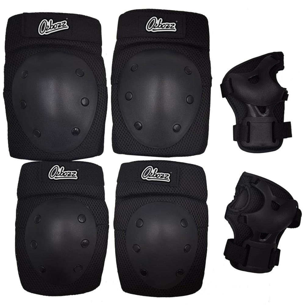 A set of black skating protective gear including knee pads, elbow pads, and wrist guards featuring the "Ozbozz" branding—ideal for a complete Triple Skate Protection Pad Set.